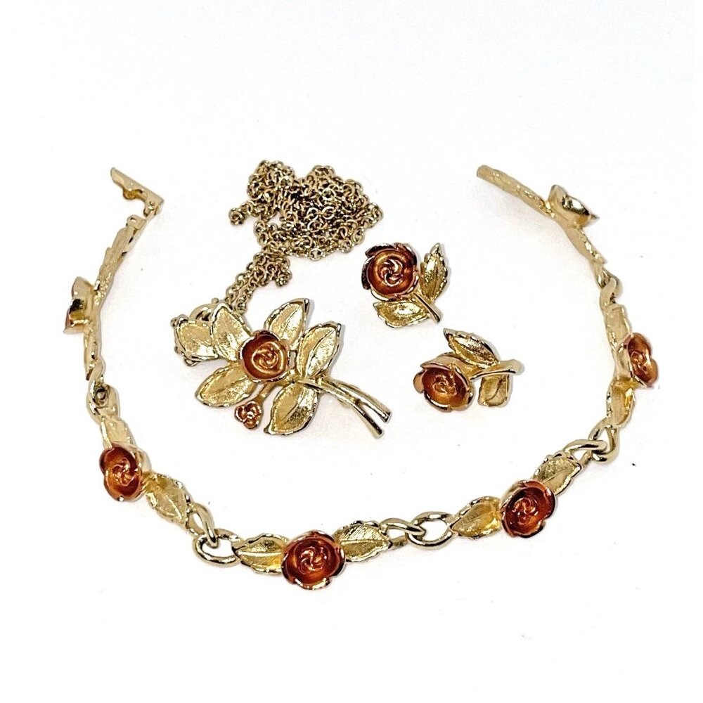 AVON Gold-tone Jewelry Set Rose Detail Necklace Brooch Bracelet Earrings